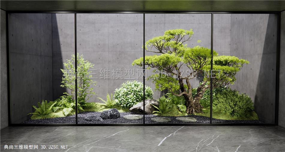 现代庭院植物景观造景 庭院小品 植物堆 树木 景观树 景观石头