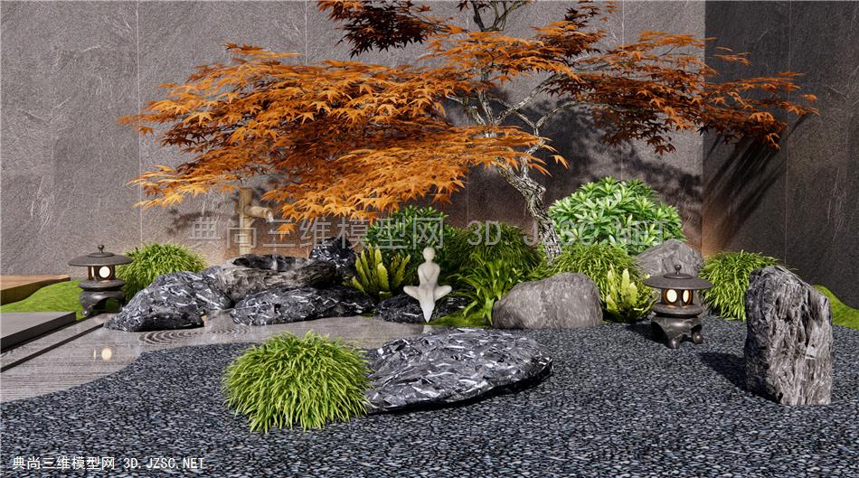 日式枯山水庭院造景 红枫庭院树 景观石头 假山水景 水钵 草丛 植物堆1
