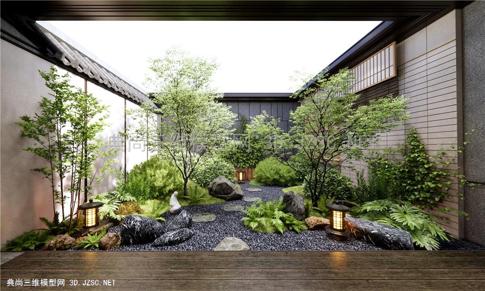 新中式居家庭院景观 植物堆 灌木绿植 景观树 乔木 景观石头 地灯1