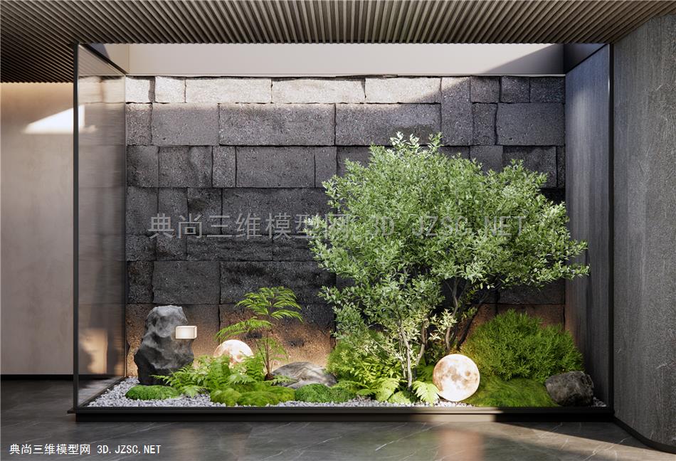 现代室内景观造景 庭院小品 植物堆 天井景观 石皮墙 乔木 室内植物景观