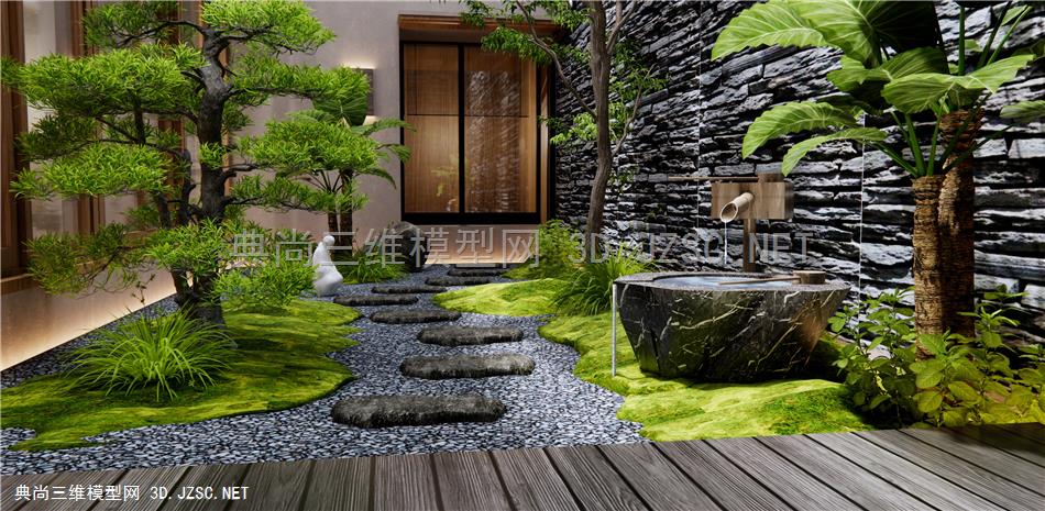 日式居家庭院景观 禅意园艺造景 水钵 苔藓草地 景观树1