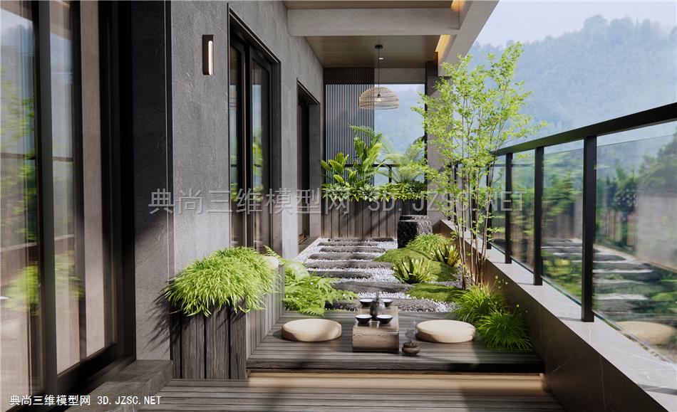 现代家居阳台 枯山水 植物景观 花草 茶桌椅1