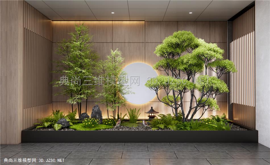 新中式室内植物造景 庭院小品 植物堆 松树 景观石 竹子