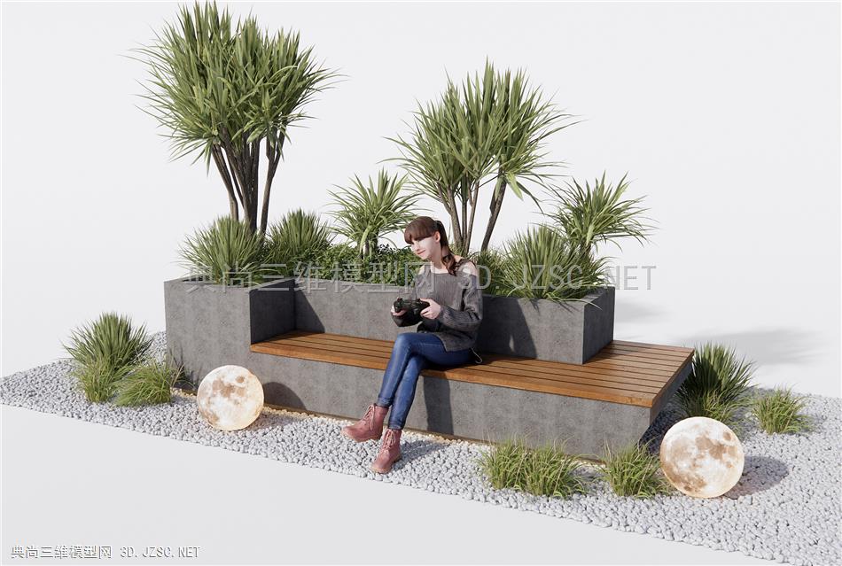 现代景观座椅 花池 植物组合 植物堆 鹅卵石 坐姿人物1
