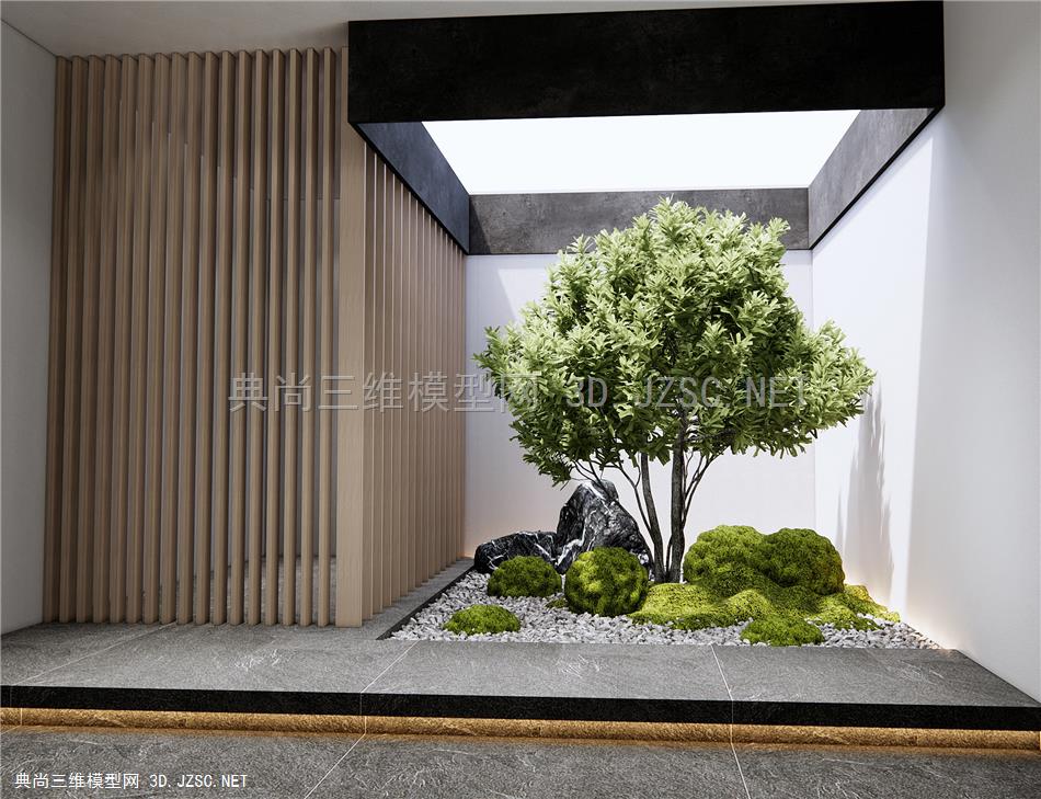 现代室内景观造景 庭院小品 苔藓 乔木 景观树 石头