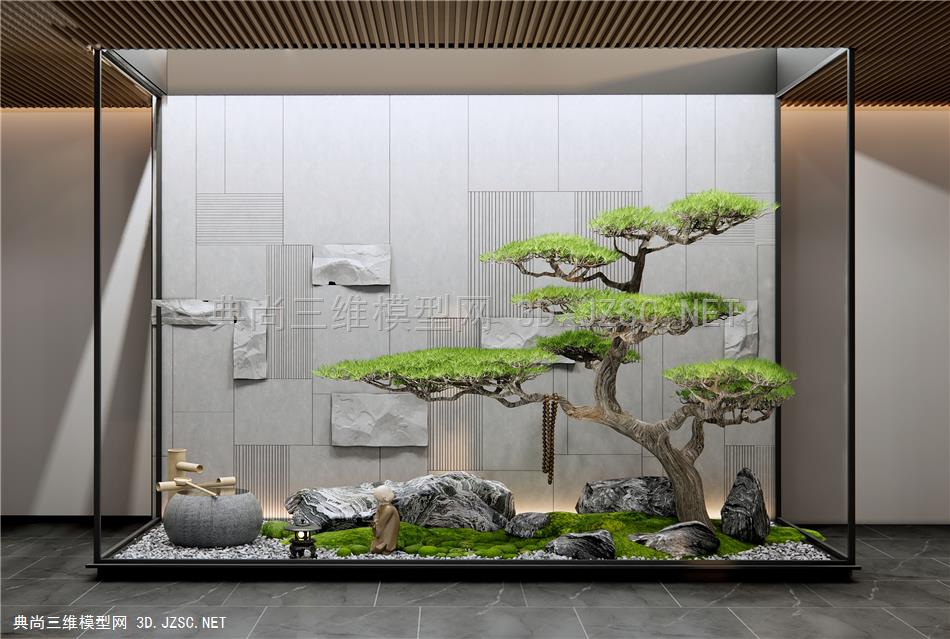 新中式庭院小品 松树石头景观造景 水钵 苔藓 景观石 迎客松1