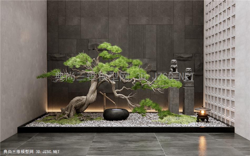 新中式室内景观造景 庭院景观小品 松树 水钵 拴马柱1