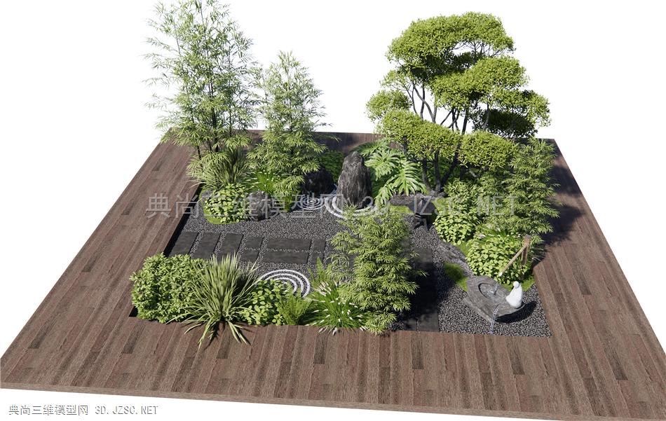 新中式景观造景 庭院景观小品 植物堆 松树 景观石 竹子1
