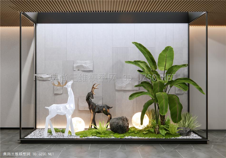 现代室内景观造景 庭院小品 麋鹿雕塑 植物堆 花境 植物组合 苔藓1