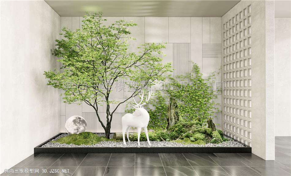 现代庭院景观小品 室内造景 苔藓枯木 景观植物 植物组合 麋鹿雕塑 乔木1