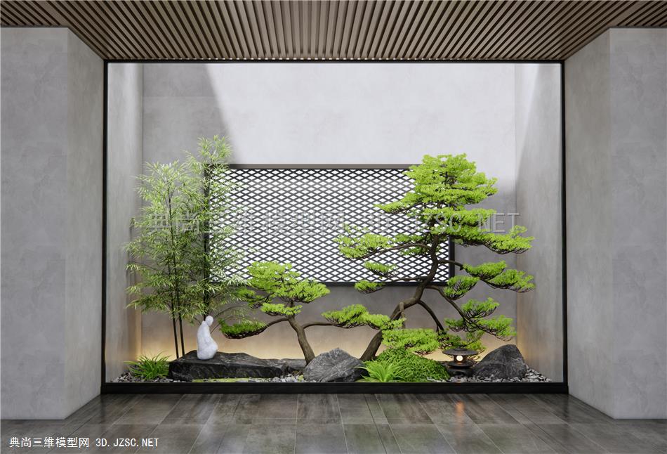 新中式室内景观造景 庭院景观小品 石头 松树 竹子 植物景观