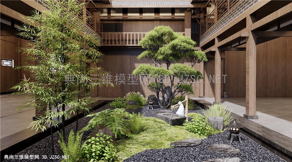 新中式中庭景观造景 庭院景观小品 植物堆 松树 景观石 竹子