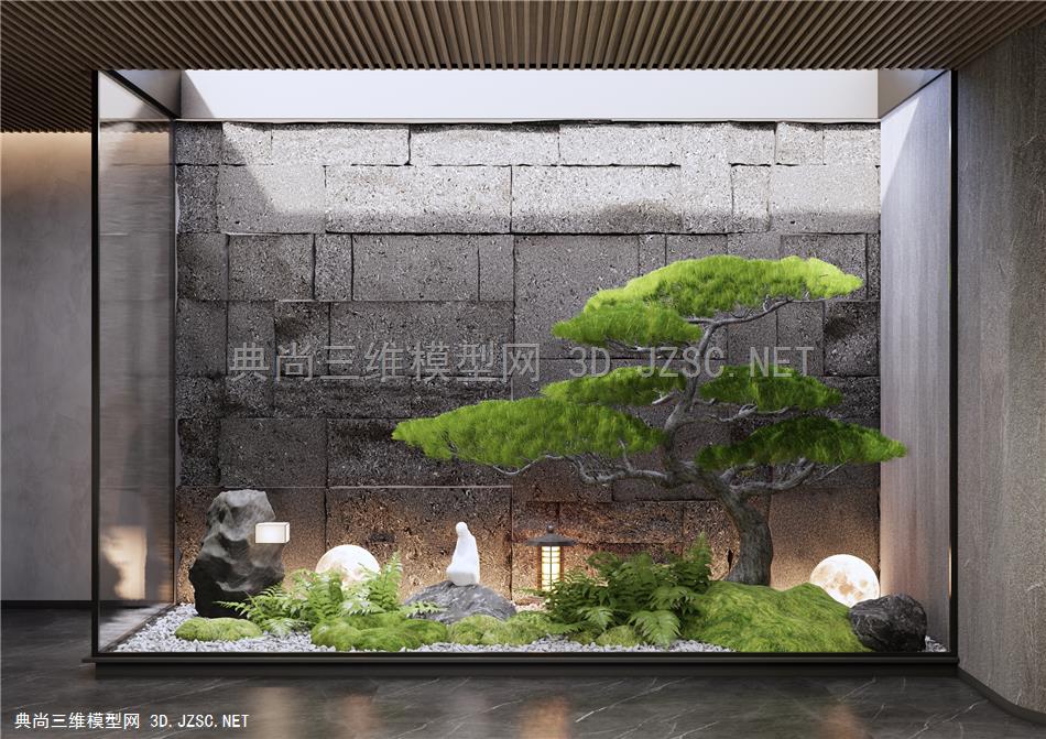 新中式室内景观造景 庭院小品 松树 植物堆 天井景观 石皮墙 石头