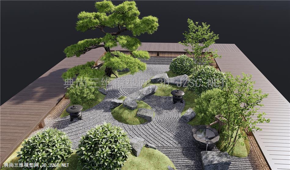 新中式庭院景观小品 枯山水 植物组合 景观树 松树 微地形 石头