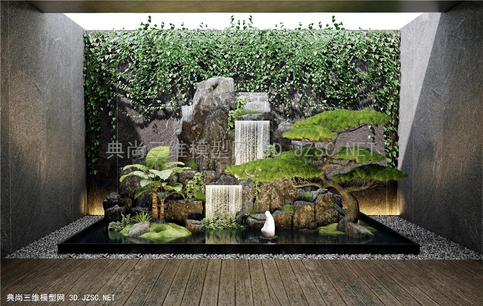 新中式假山水景 叠石 松树 石头 假山石 藤爬植物 庭院小品