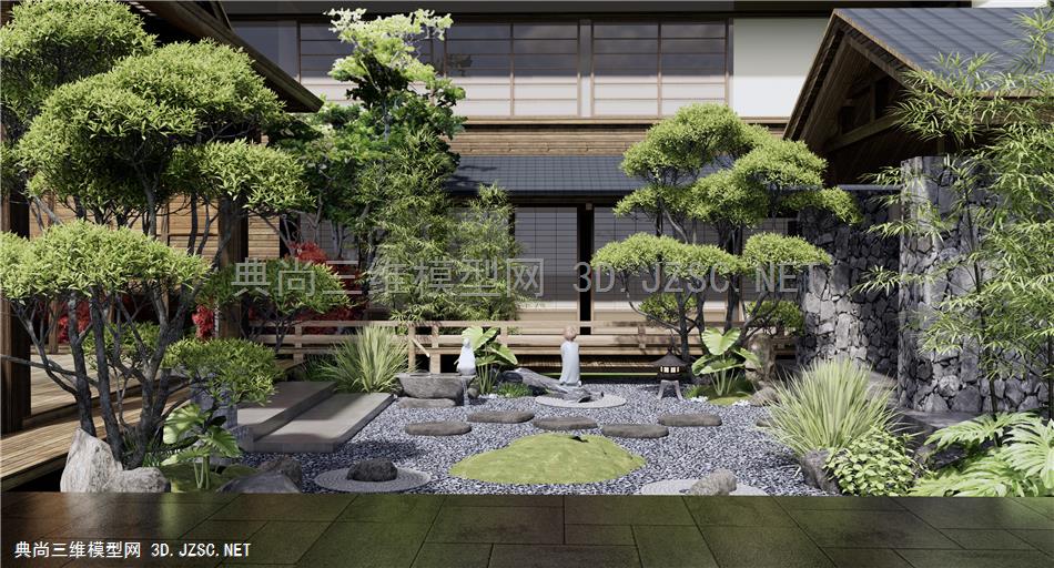 日式庭院景观 景观造景 庭院景观小品 植物堆 松树 景观石 竹子1