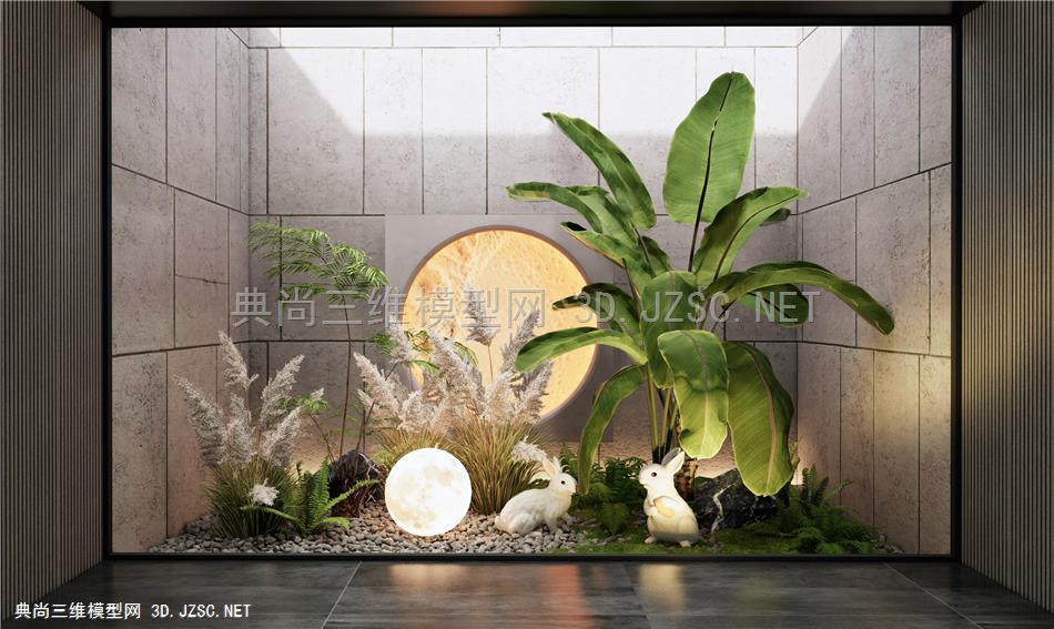 现代庭院小品 室内植物造景 芦苇 芭蕉 蕨类植物 青苔1