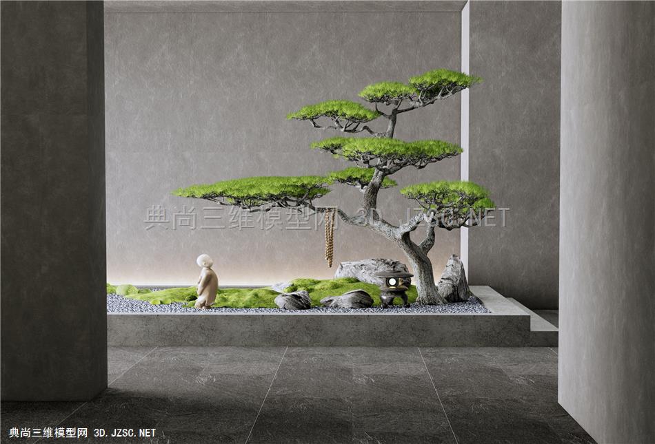 新中式松树石头景观造景 庭院小品 苔藓 景观石 禅意景观小品