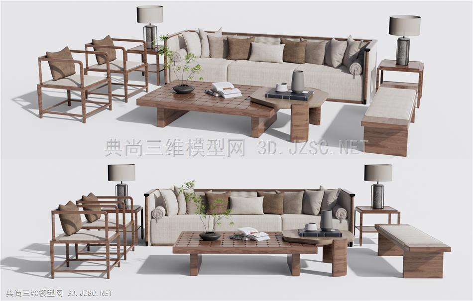 新中式沙发茶几组合 休闲椅 长条座凳座椅