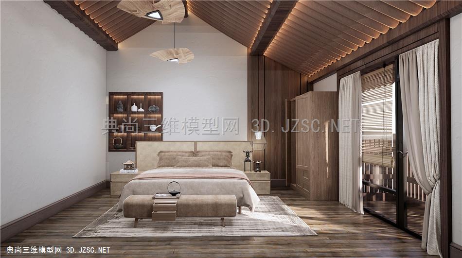 新中式民宿客房 卧室 双人床 衣柜 吊灯
