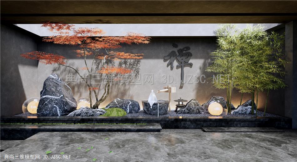 新中式庭院景观小品 景观造景 红枫树 石头 雪浪石 水钵 竹子 天井造景1