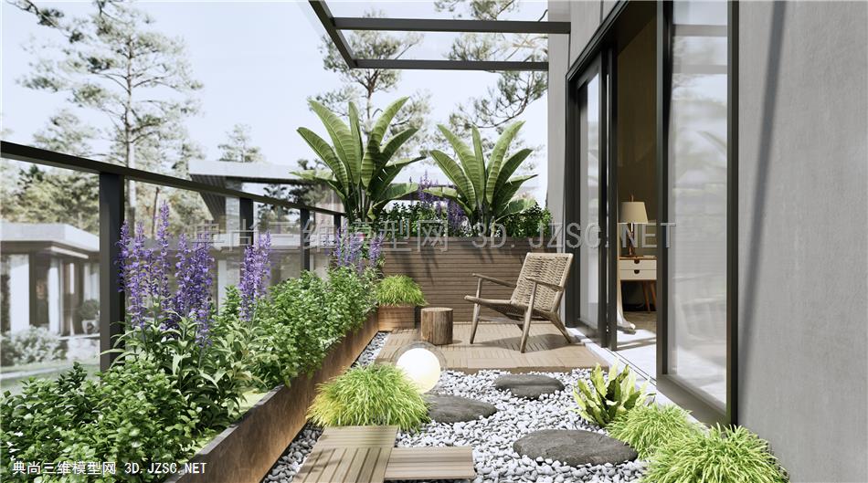 现代别墅花园阳台 露台景观 花草植物 休闲椅 植物堆 植物组合 灌木绿植1
