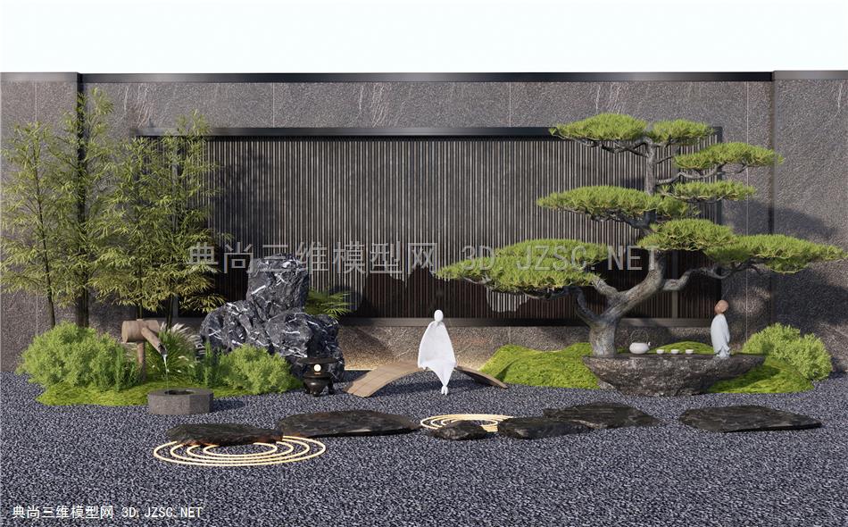 新中式庭院景墙 枯山石 禅意小景 松树 假山石头 竹子 庭院景观造景