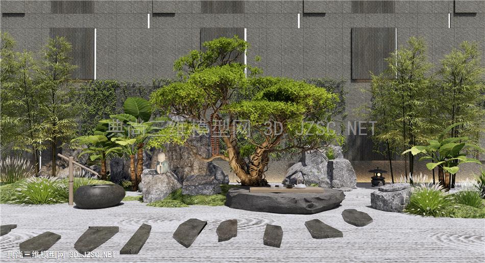 新中式枯山石庭院景观 石头假山 景观小品 景观树  竹子 石头茶桌 水钵 松树1