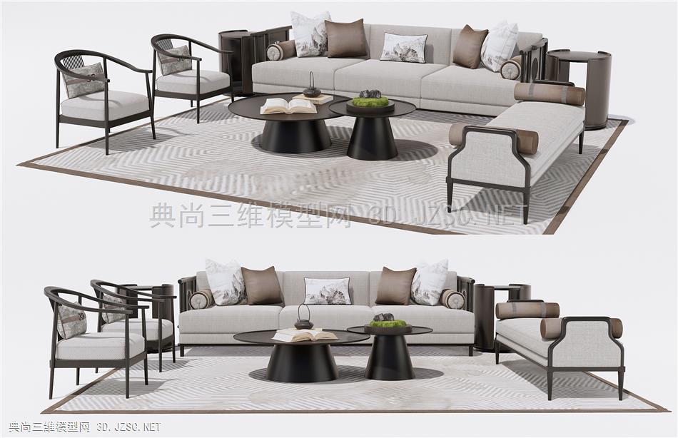 新中式沙发茶几组合 双人沙发卧榻 单人休闲椅1