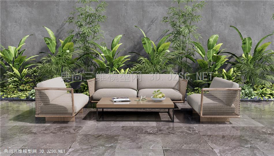 现代户外沙发 庭院休闲沙发 藤编沙发 灌木 植物堆 植物组合1
