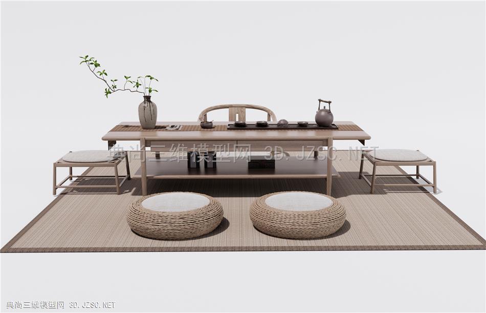 日式茶桌椅 茶台 茶具 绿植 坐垫 茶椅1