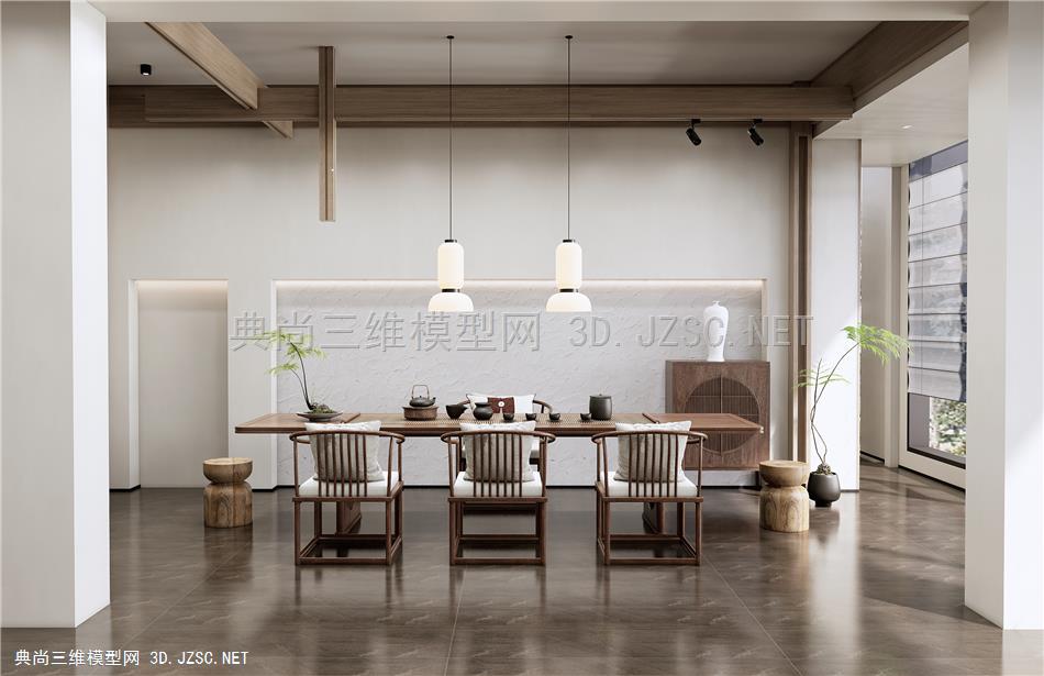 新中式茶室 茶桌椅 休闲椅 盆栽 边柜1