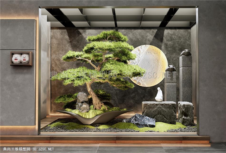 新中式室内景观造景 庭院景观小品 石头 景观石 松树1