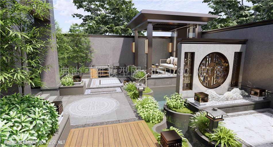 新中式庭院景观 假山水景 景墙 户外桌椅 植物堆 植物组合 亭子1