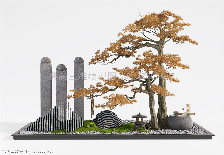 新中式庭院小品 松树石头景观造景 水钵 苔藓 景观石