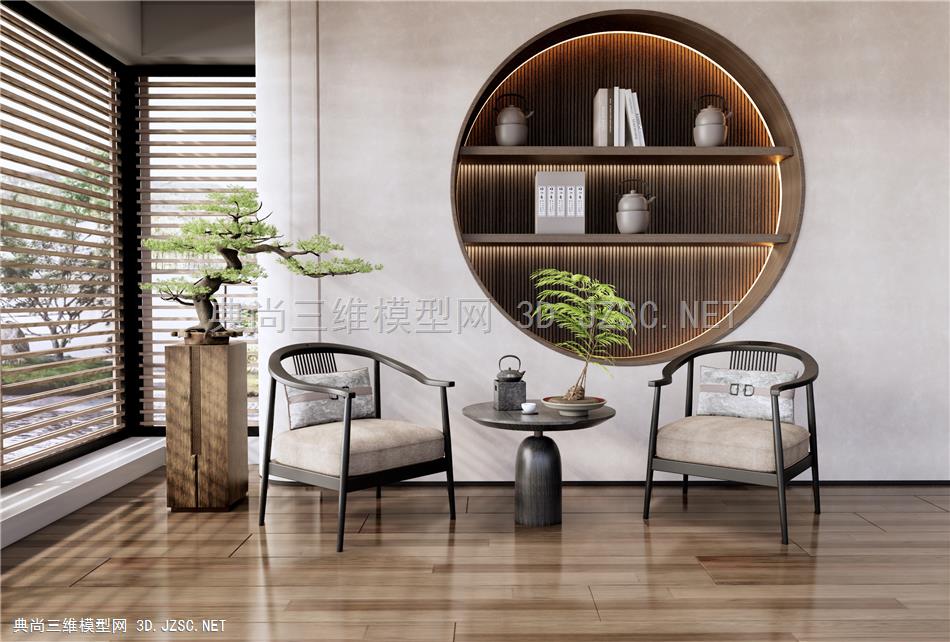 新中式休闲椅 休闲桌椅 松树盆栽1