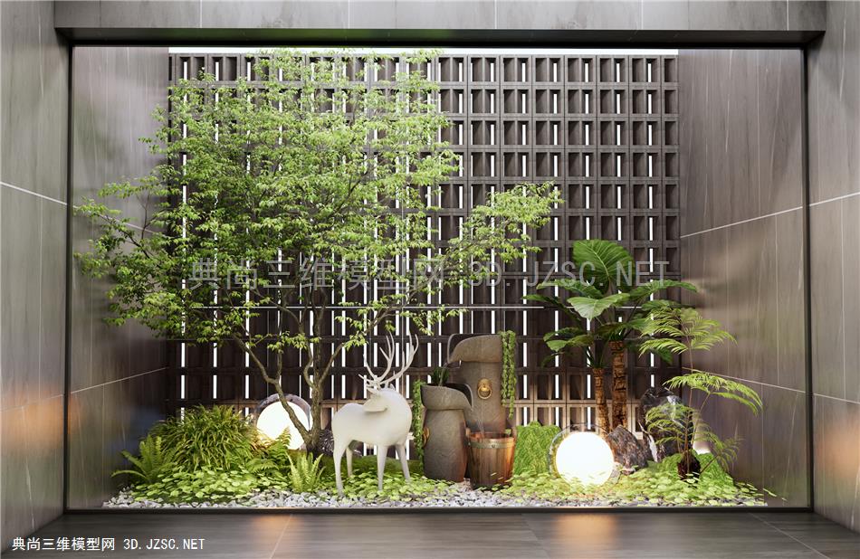 现代庭院景观小品 植物景观造景 苔藓植物 水钵 景观雕塑 蕨类植物