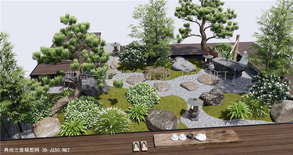 日式庭院景观造景 庭院小品 枯山石 景观石 石头 植物景观 植物堆 松树 微地形 水钵 竹子 茶台1