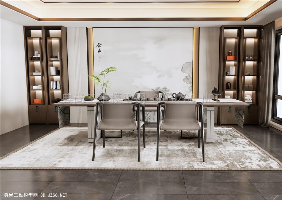 新中式茶室 茶桌椅 茶台 休闲椅 肾蕨盆栽 饰品摆件