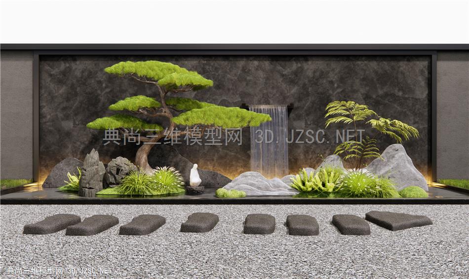 新中式假山水景 山水景墙 喷泉水景 松树 景观造景 庭院小品 假山石头 植物景观 汀步
