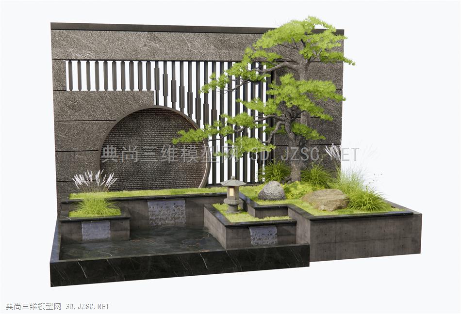 新中式水景墙 景观小品 庭院景观造景 枯山水松树水景 假山石头