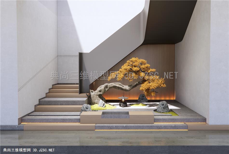 新中式楼梯间景观造景 庭院小品 石头 造型松树 禅意小景1