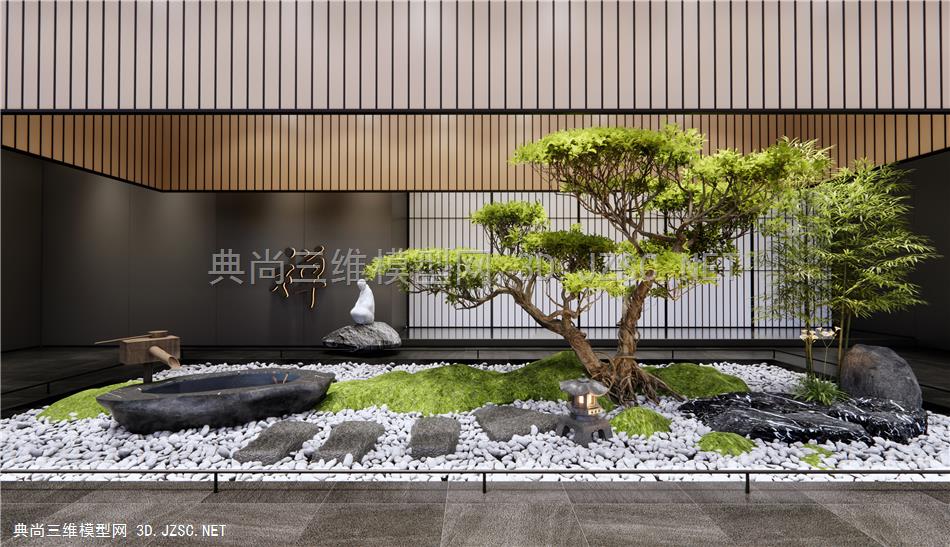 新中式景观造景 庭院小品 水钵 植物景观 景观石 景观树 竹子