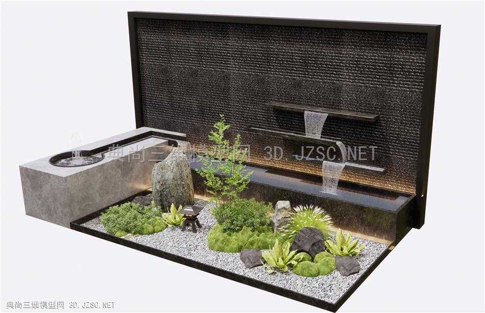 新中式水景墙 假山水景 跌水景观 庭院小品 景观石 植物堆1