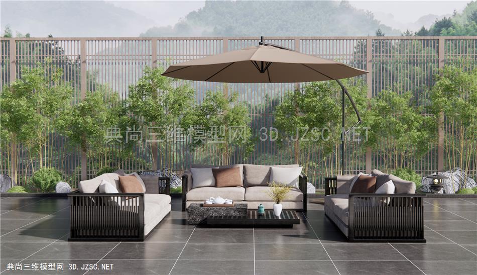 新中式户外沙发 庭院景观 竹子 灌木 植物景观 实木休闲沙发