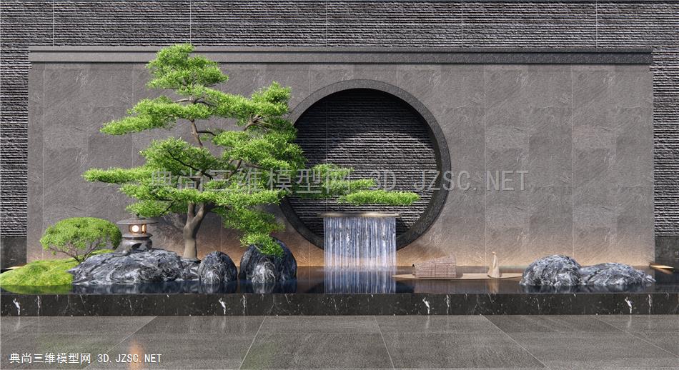 新中式山水景墙 假山水景 石头 景观石 庭院小品 水景景墙 小船 松树 景观造景1