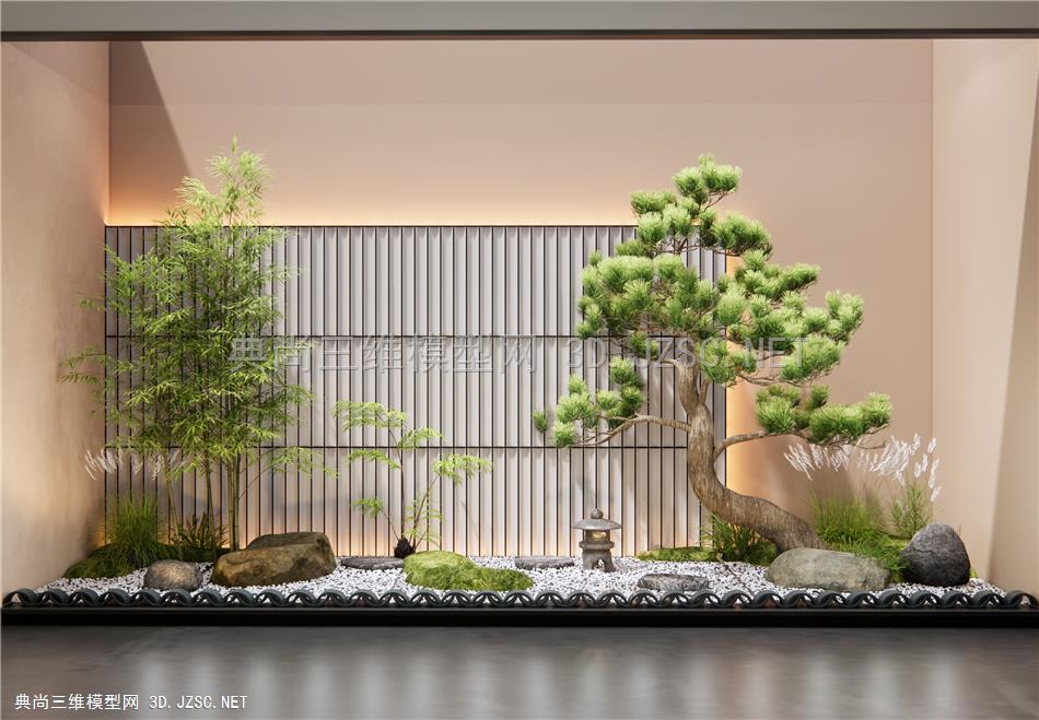 日式室内景观造景 庭院小品 石头 景观石 松树 竹子 植物景观1