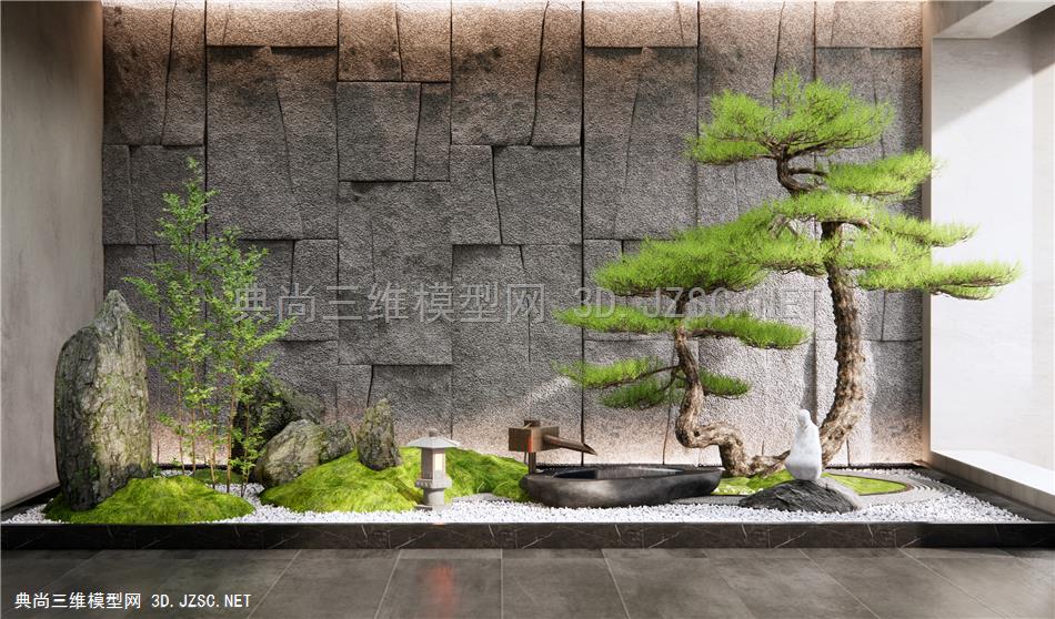 新中式庭院景观小品 室内景观造景 景石松树景观 假山石头 水钵 植物景观 景墙石墙