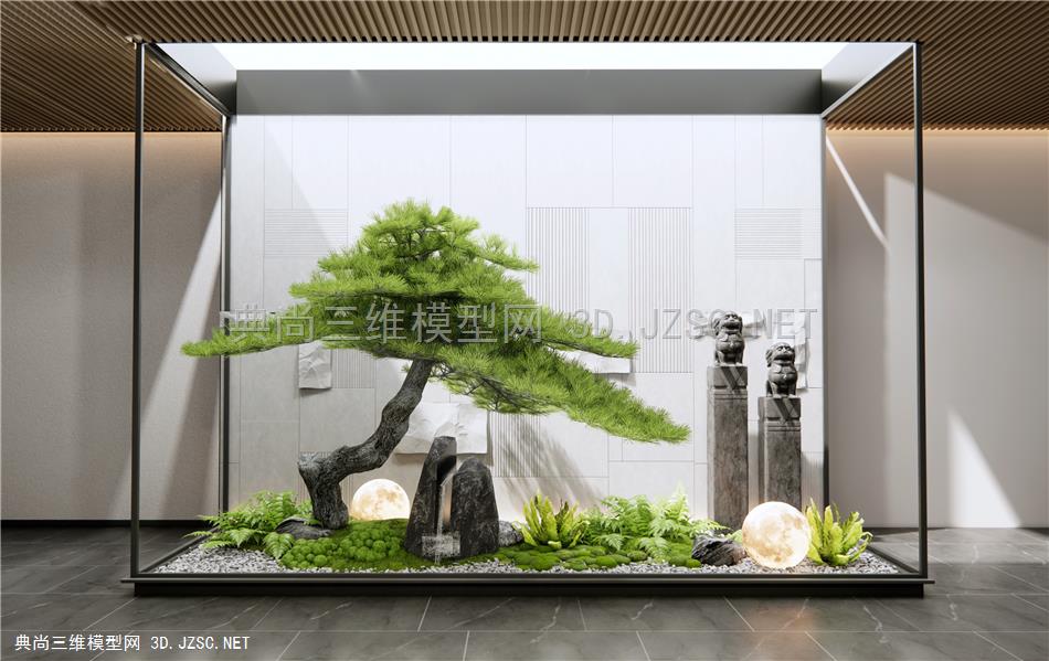 新中式庭院小品 景观造景 植物景观 假山水景 罗汉松 苔藓植物