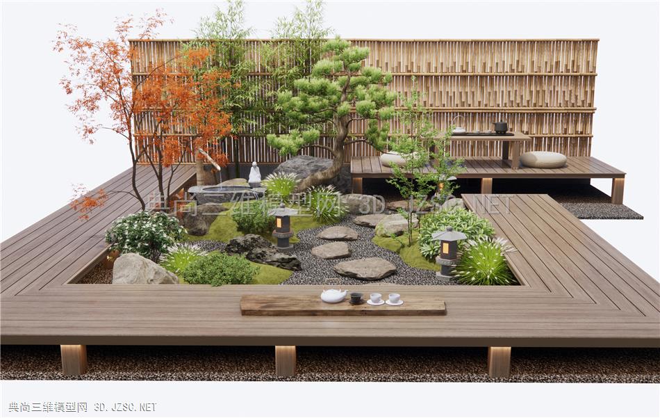 新中式庭院景观小品 景观造景 枯山水庭院 植物堆 灌木绿植 茶桌椅 石头 景观石 微地形